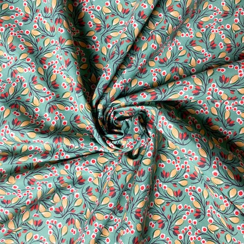 Tissu coton au mètre - floral vert & vermillon